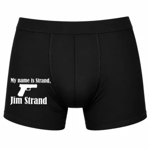 Svarta boxerkalsonger med valfritt namn och James Bond-inspirerat tryck – personliga herrkalsonger med eget namn.