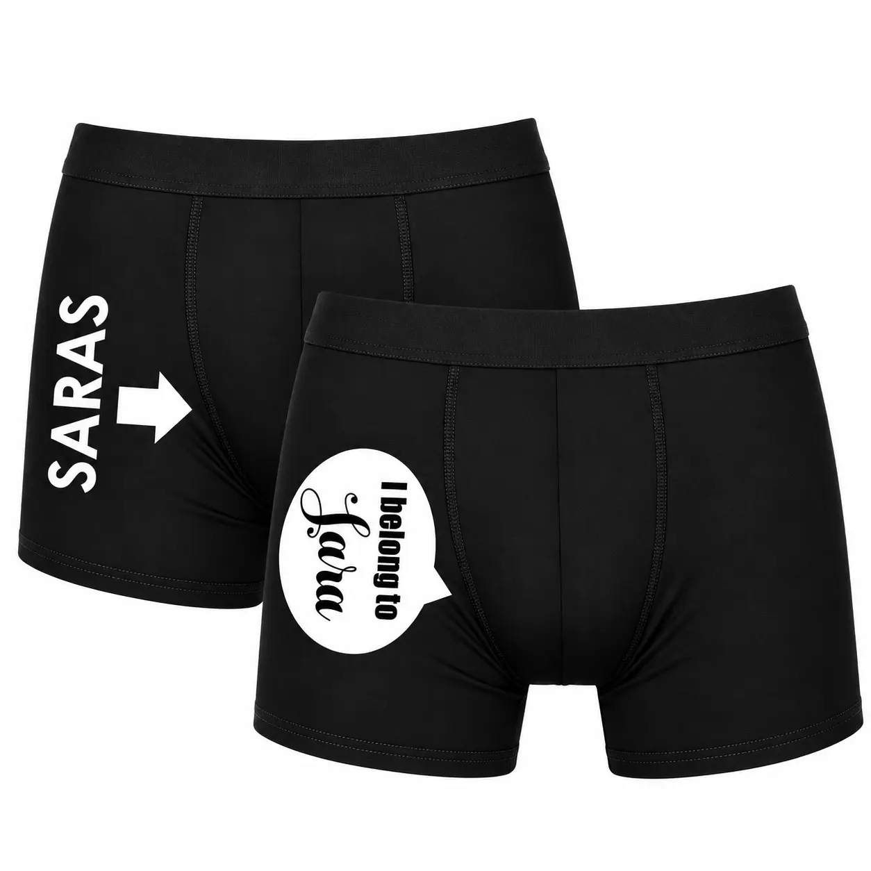 2-pack personliga boxerkalsonger med eget namn – I Belong To 2-pack svarta boxerkalsonger med valfritt namn och texterna ”I belong to” och namn med pil – personliga herrkalsonger med eget tryck.