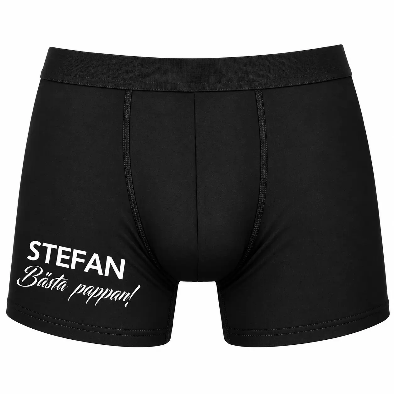 Boxerkalsonger med eget namn – Bästa pappan Svarta boxerkalsonger med eget namn och texten Bästa pappan – personlig present till pappa.