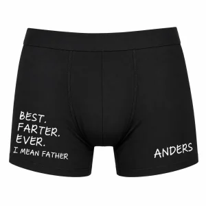 Svarta boxerkalsonger med texten “Best Farter Ever, I Mean Father” och valfritt namn på benet