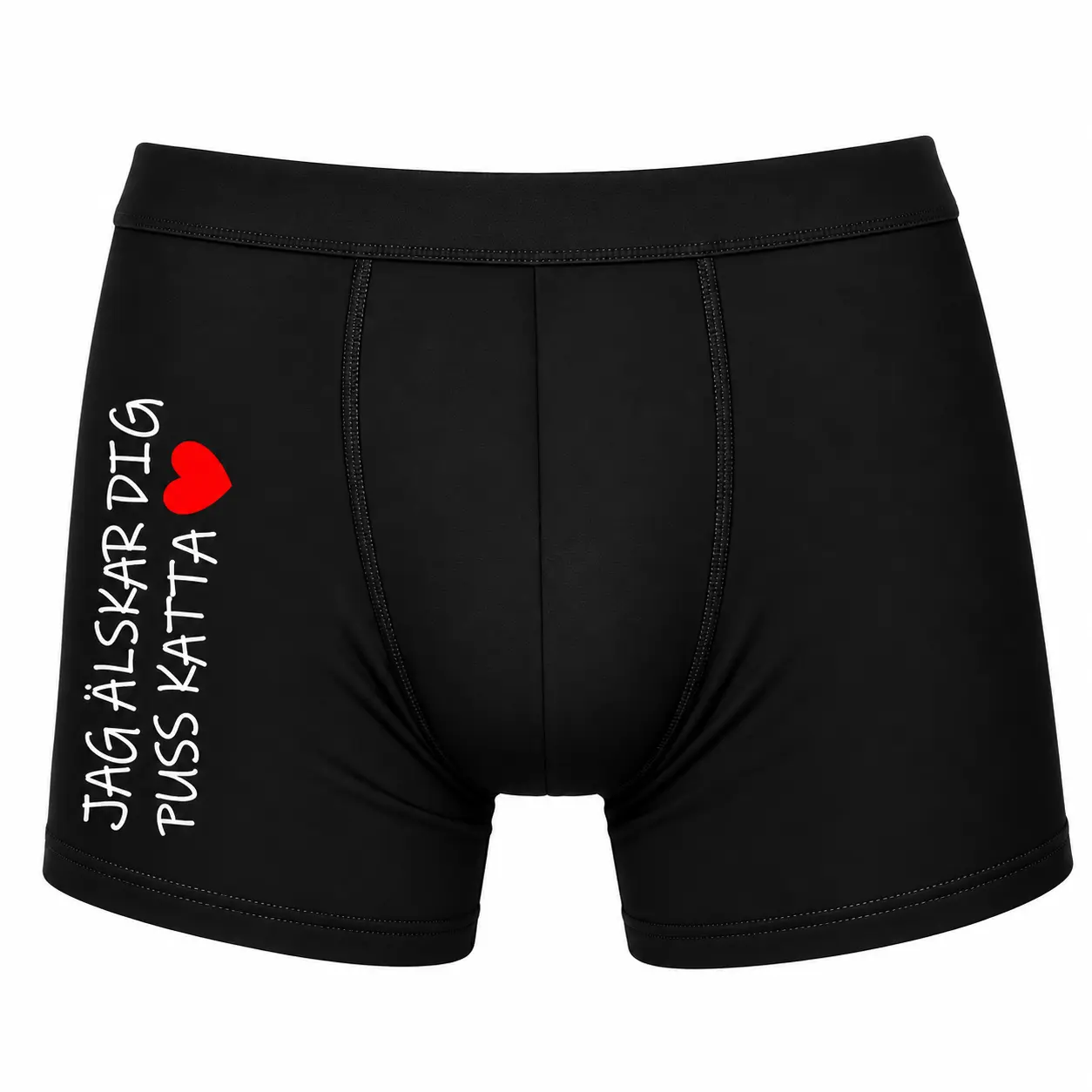 kalsong puss Svarta boxerkalsonger med personlig kärlekshälsning, valfritt namn och rött hjärta – herrkalsonger med eget tryck.