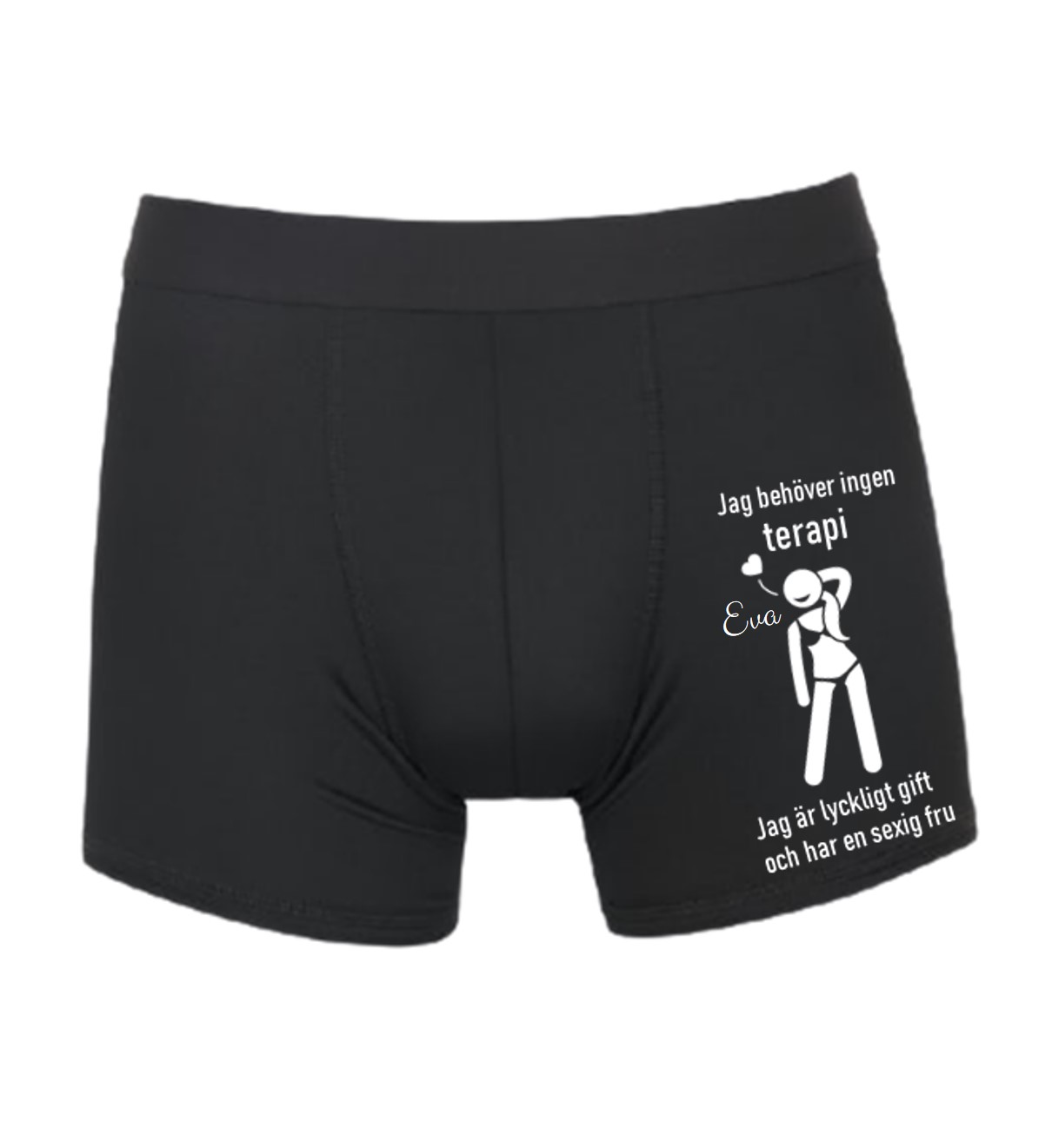 Kalsonger med texten ”Jag behöver ingen terapi – jag är lyckligt gift och har en sexig fru” Boxershorts med texten ”Jag behöver ingen terapi – jag är lyckligt gift och har en sexig fru” och figurmotiv.