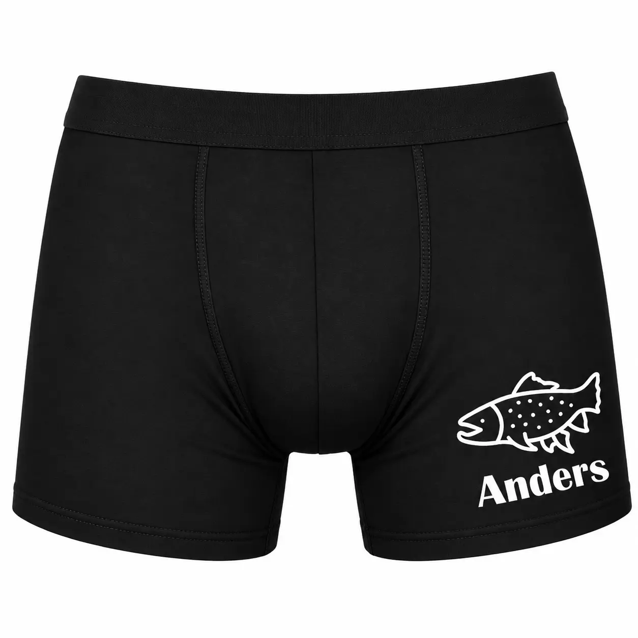 Boxerkalsonger med fisk och eget namn – Present till fiskare Svarta boxerkalsonger med fiskmotiv och valfritt namn – personliga kalsonger för fiskare.